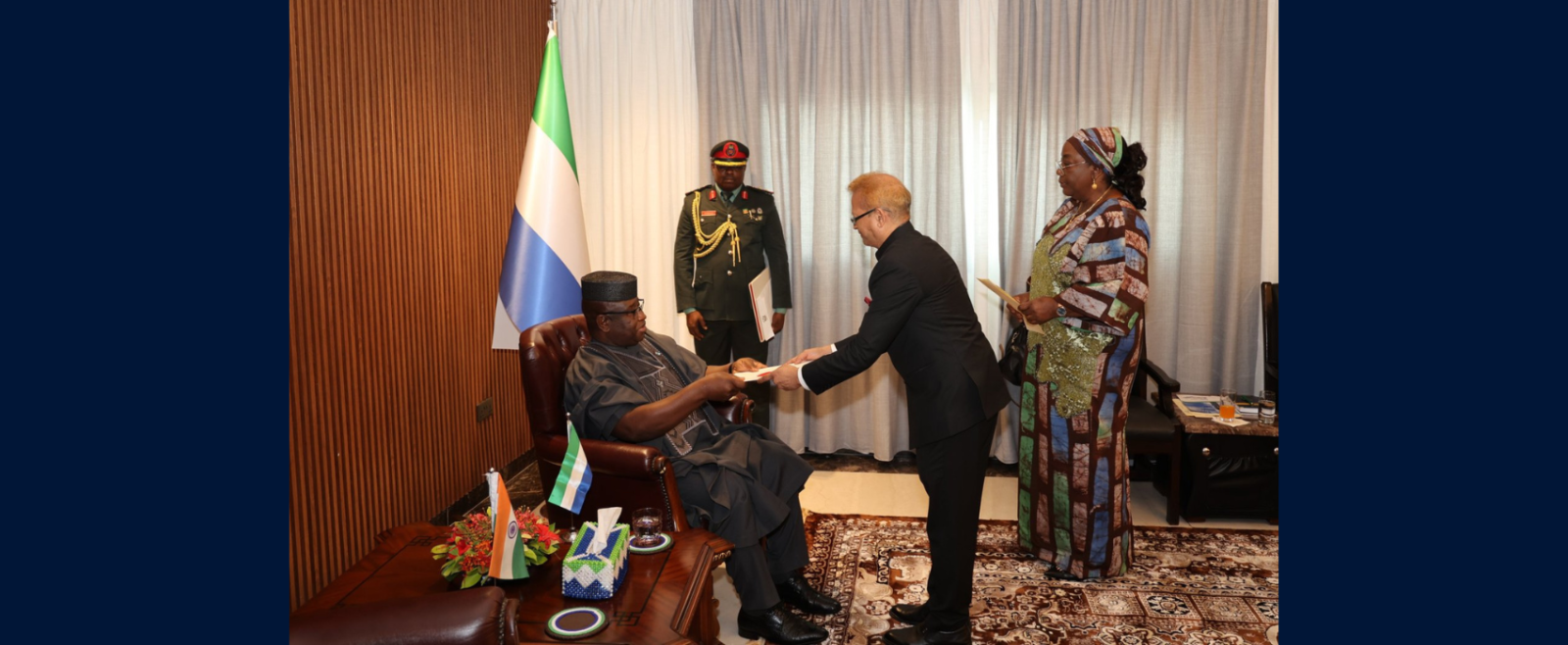 Presentation of Letter of Credence by High Commissioner B.C. Pradhan to H.E. Brig. (Rtd.) Dr. Julius Maada Bio, President of Republic of Sierra Leone on 06 February 2025.