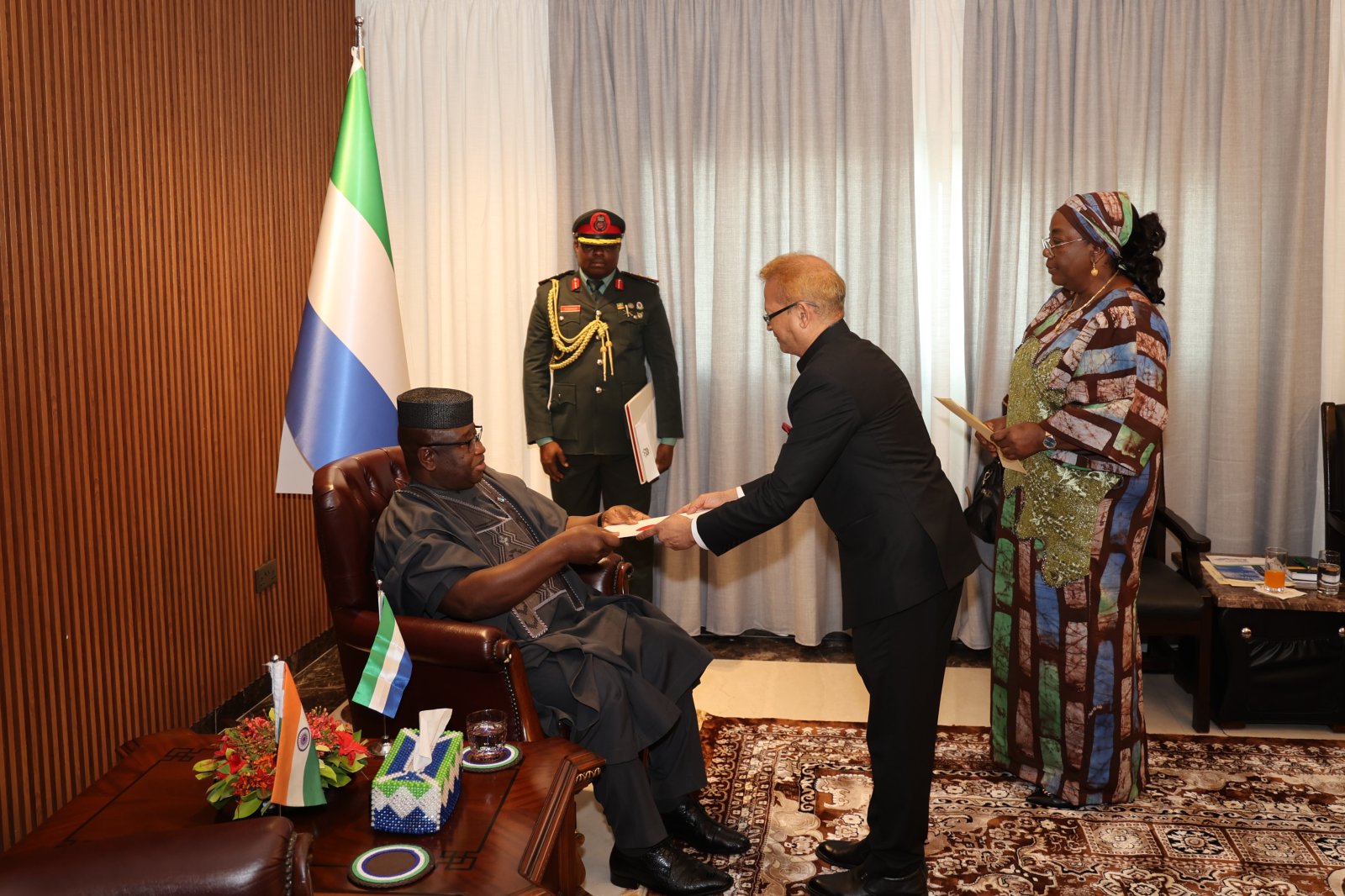 Presentation of Letter of Credence by High Commissioner B.C. Pradhan to H.E. Brig. (Rtd.) Dr. Julius Maada Bio, President of Republic of Sierra Leone on 06 February 2025