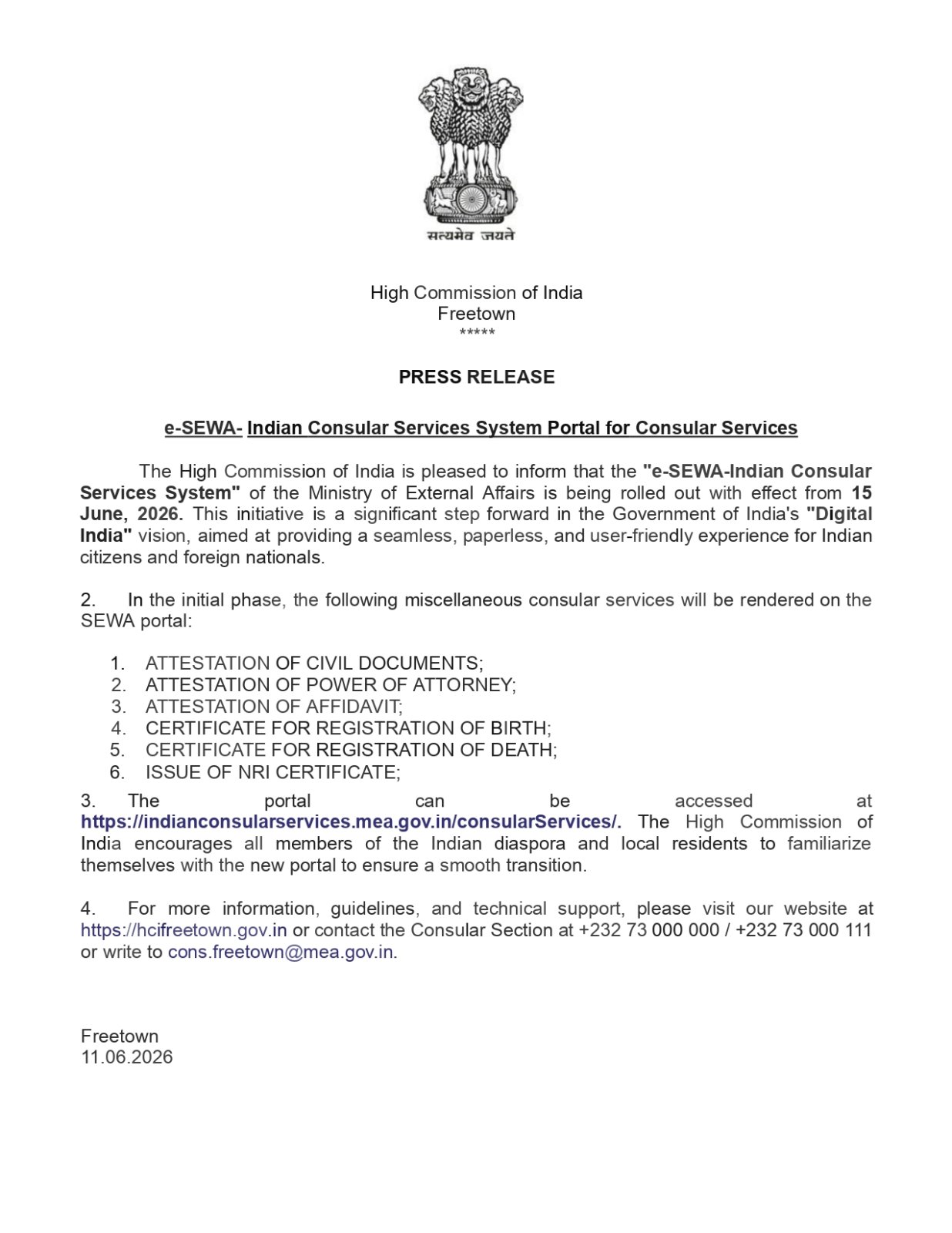 e-SEWA- Indian Consular Services System Portal for Consular Services
